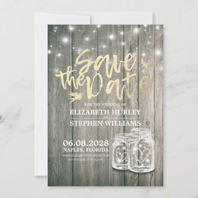 Wedding Save The Date Rustic Wood Mason Jar Lights (Front)