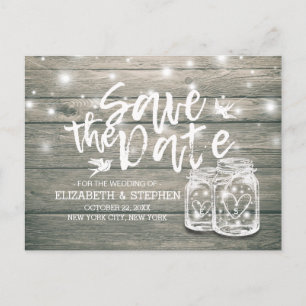 Wedding Save The Date Rustic Wood Mason Jar Lights Announcement Postcard