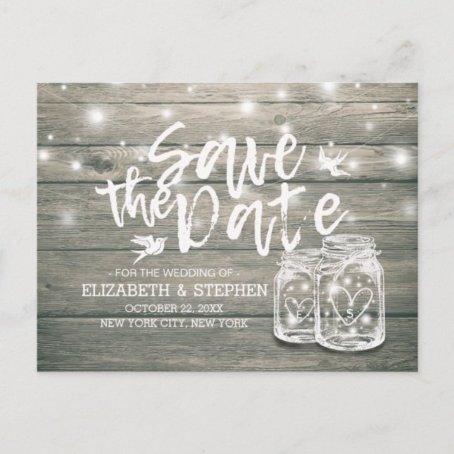 Wedding Save The Date Rustic Wood Mason Jar Lights Announcement Postcard (Front)