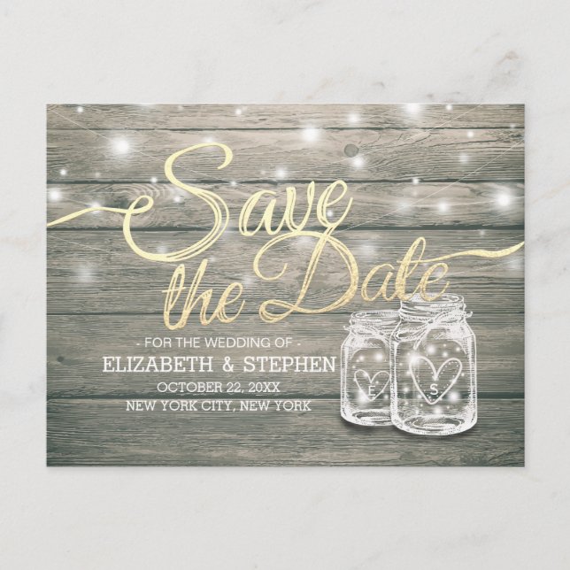 Wedding Save The Date Rustic Wood Mason Jar Lights Announcement Postcard (Front)