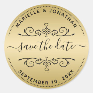 Wedding Save the Date Script Gold Return Address Classic Round Sticker