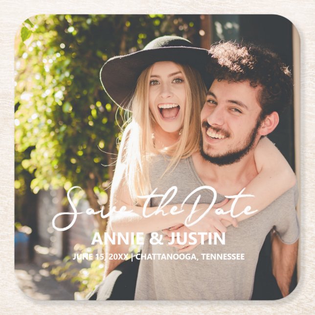 Wedding Save the Date Script Photo Square Paper Coaster (Front)
