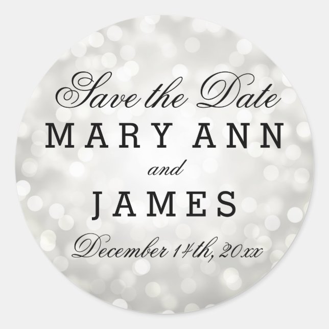 Wedding Save The Date Silver Glitter Lights Classic Round Sticker (Front)