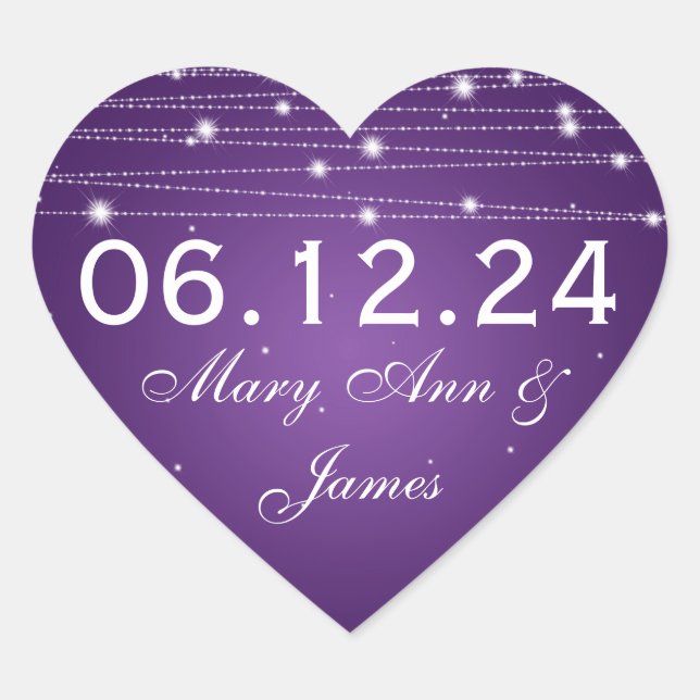 Wedding Save The Date Sparkling Lines Purple Heart Sticker (Front)