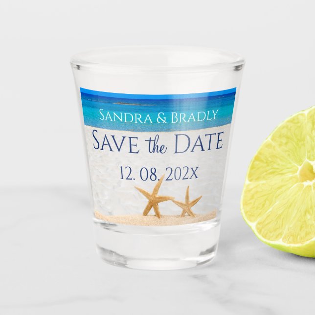 Wedding Save the Date, Starfish on Ocean beach Shot Glass (Front)