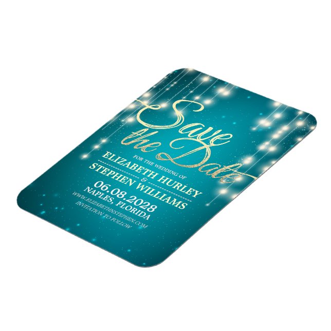 Wedding Save The Date String Lights Turquoise Gold Magnet (Left Side)