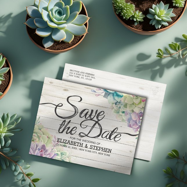 Wedding Save The Date Succulent Plants Rustic Wood Announcement Postcard (Creator Uploaded)