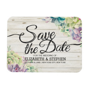 Wedding Save The Date Succulent Plants Rustic Wood Magnet