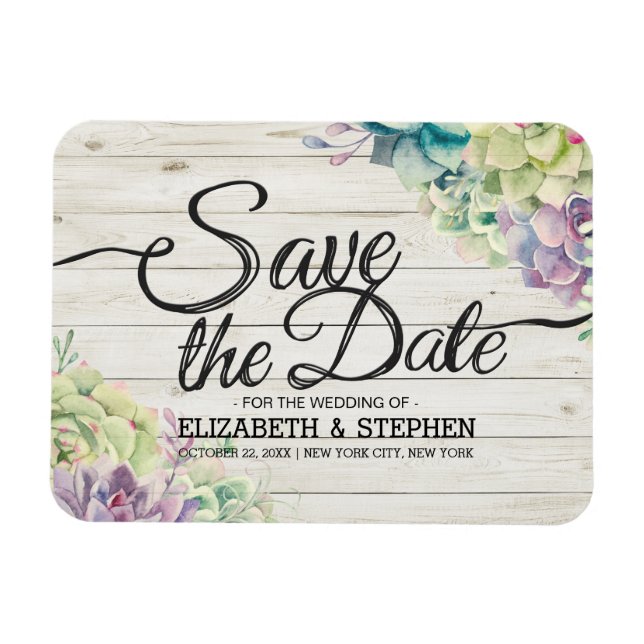 Wedding Save The Date Succulent Plants Rustic Wood Magnet (Horizontal)