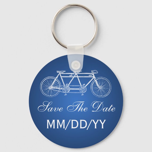 Wedding Save The Date Tandem Bike Blue Key Ring (Front)