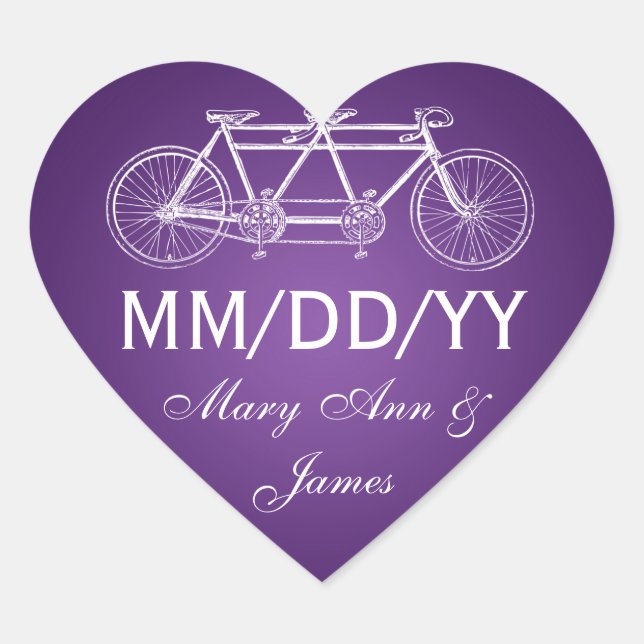 Wedding Save The Date Tandem Bike Purple Heart Sticker (Front)