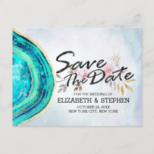 Wedding Save The Date Teal Gold Agate Geode Slice Announcement Postcard