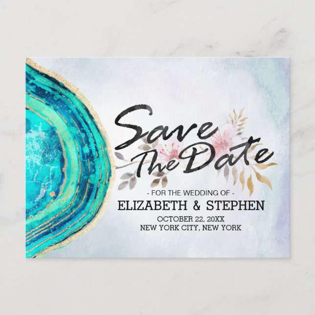 Wedding Save The Date Teal Gold Agate Geode Slice  Announcement Postcard (Front)
