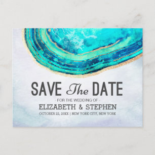 Wedding Save The Date Teal Gold Agate Geode Slice Announcement Postcard