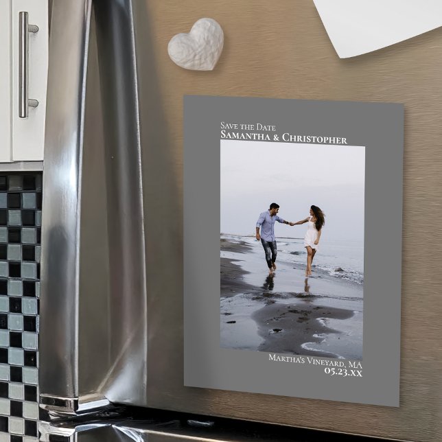 Wedding Save the Date Vertical Photo Minimal Grey Magnetic Invitation (Creator Uploaded)