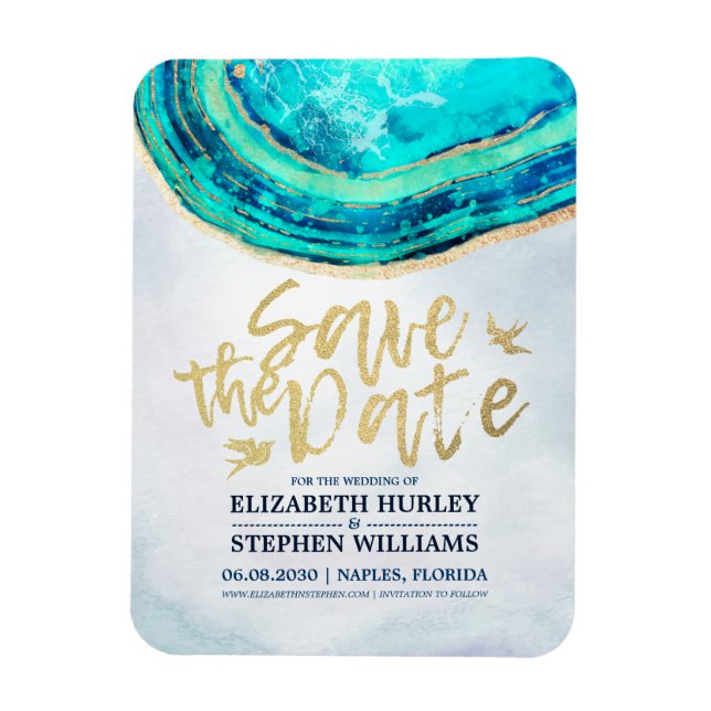 Wedding Save The Date Watercolor Teal & Gold Agate Magnet (Vertical)