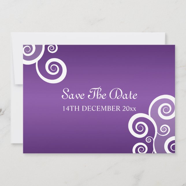 Wedding Save The Date White Swirls Purple (Front)