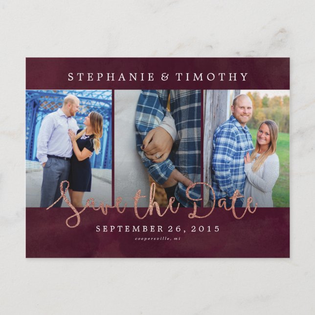 Wedding Save the Date - Wine Red & Rose Gold Announcement Postcard (Front)