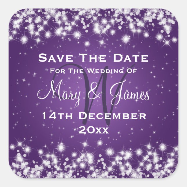 Wedding Save The Date Winter Sparkle Purple Square Sticker (Front)