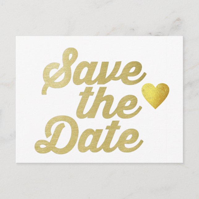 wedding save-the-date with faux gold heart stylish announcement postcard (Front)
