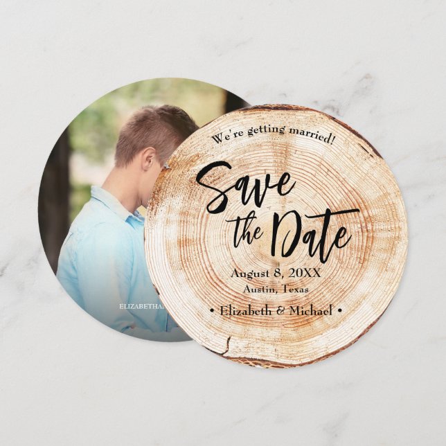 Wedding save the date wood disc slice tree Photo Invitation (Front/Back)