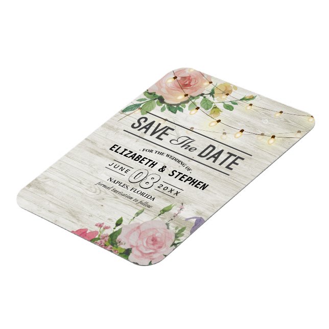 Wedding Save The Date Wood Flowers String Lights Magnet (Left Side)