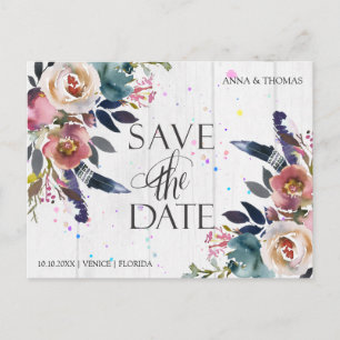 Wedding Save The Dates Boho Blue & Misty Rose Announcement Postcard