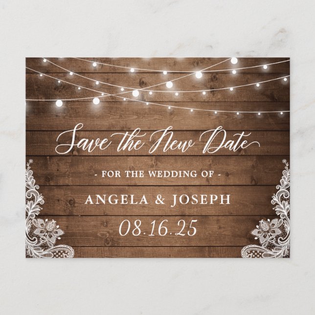 Wedding Save the New Date Rustic Twinkle Lights Postcard (Front)
