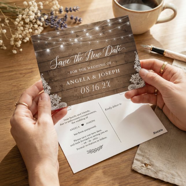Wedding Save the New Date Rustic Twinkle Lights Postcard (Creator Uploaded)