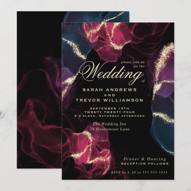 Wedding |  Scarlet Violet Blue Alcohol Ink Invitation (Front/Back)