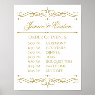 Wedding Schedule Sign Gold Swirl Calligraphy