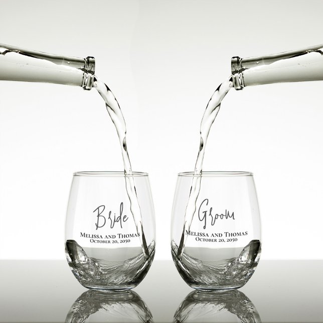 Wedding Script Bride Groom Personalised Stemless Wine Glass (Bride and groom script custom stemless wine glasses.)