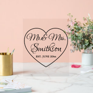 Wedding Script heart Custom surname Mr. Mrs. year Acrylic Sign