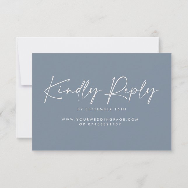 Wedding script modern dusty blue elegant reply invitation (Front)