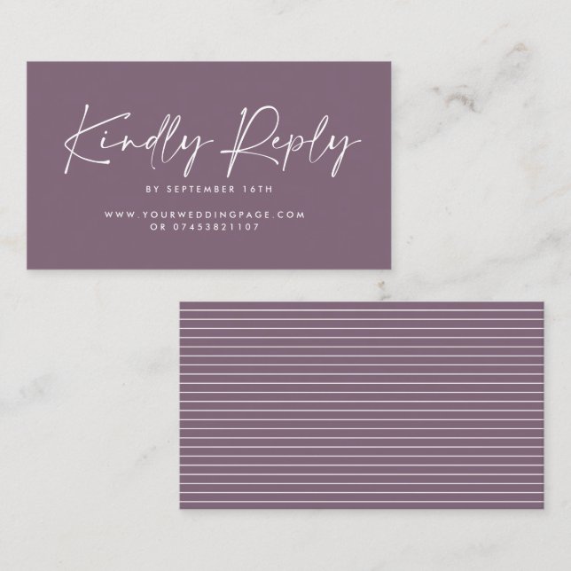 Wedding script modern purple lilac elegant reply business card (Front/Back)