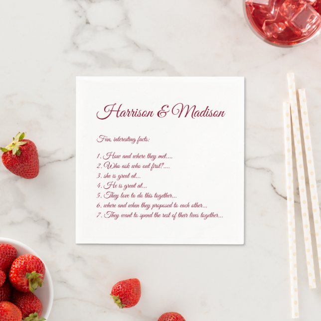 Wedding Script names Couple Fun Facts burgundy Napkin (Insitu)