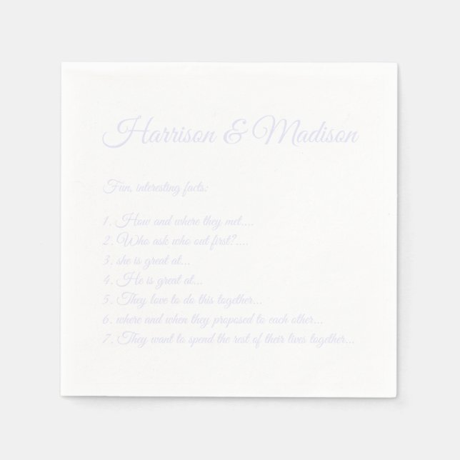 Wedding Script names Couple Fun Facts lavender Napkin (Front)