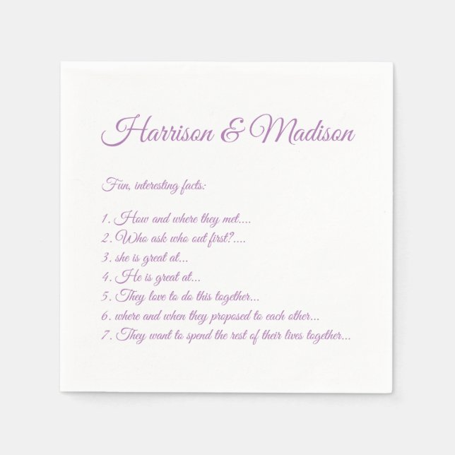 Wedding Script names Couple Fun Facts lavender Napkin (Front)