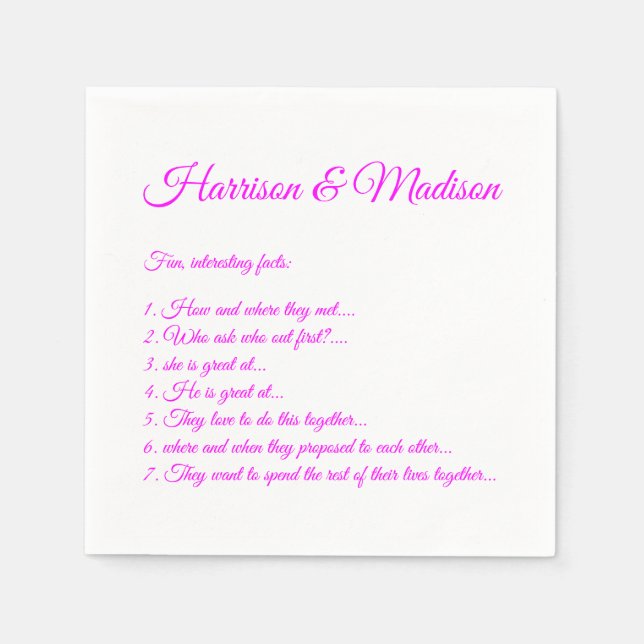 Wedding Script names Couple Fun Facts magenta Napkin (Front)