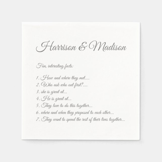 Wedding Script names Couple Fun Facts paper Napkin (Front)
