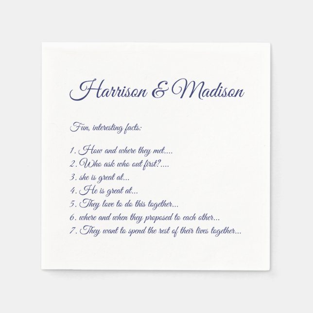Wedding Script names Couple Fun Facts paper Napkin (Front)