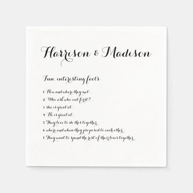 Wedding Script names Couple Fun Facts paper Napkin (Front)