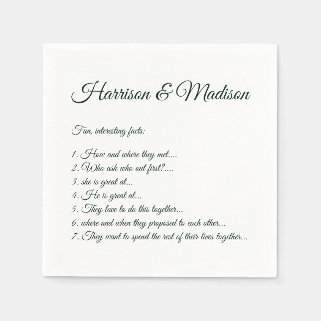 Wedding Script names Couple Fun Facts pine green Napkin (Front)