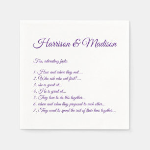 Wedding Script names Couple Fun Facts purple paper Napkin