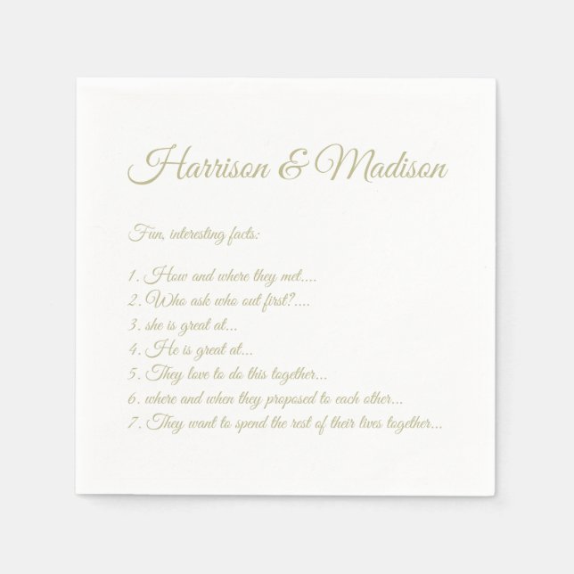 Wedding Script names Couple Fun Facts sage green Napkin (Front)