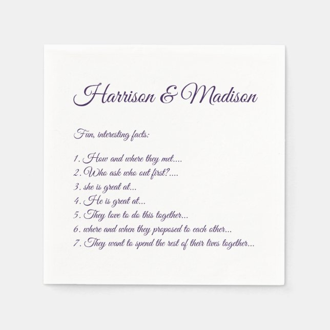 Wedding Script names Couple Fun Facts violet paper Napkin (Front)