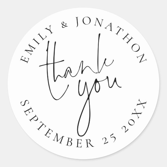 Wedding Script Thank You Names Date Black White Classic Round Sticker (Front)