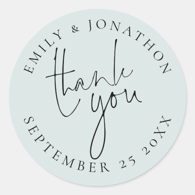 Wedding Script Thank You Names Date Powder Blue Classic Round Sticker (Front)