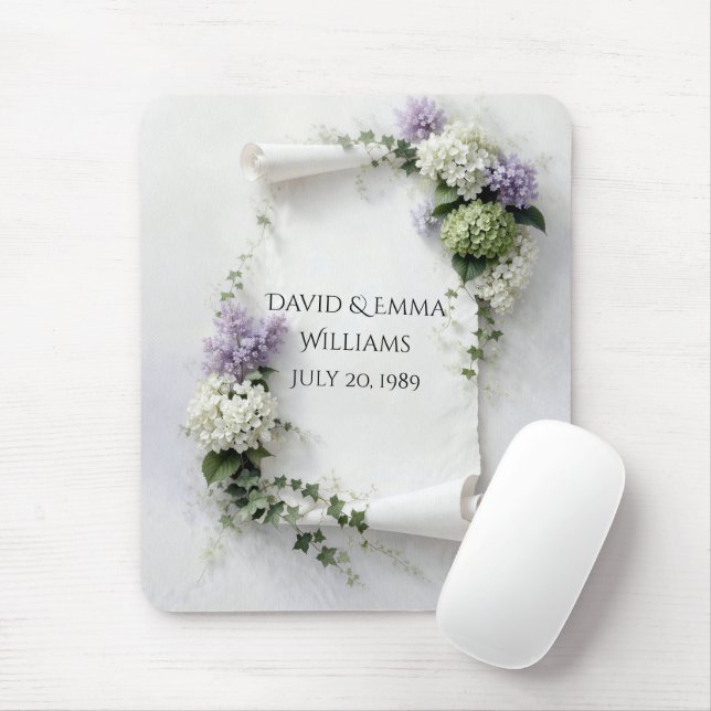 Wedding Scroll with Lilacs and Hydrangea Bouquet Mouse Mat (With Mouse)