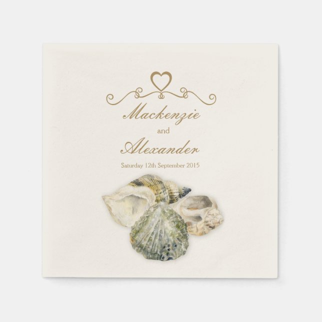 Wedding sea shells art cream paper napkin (Front)